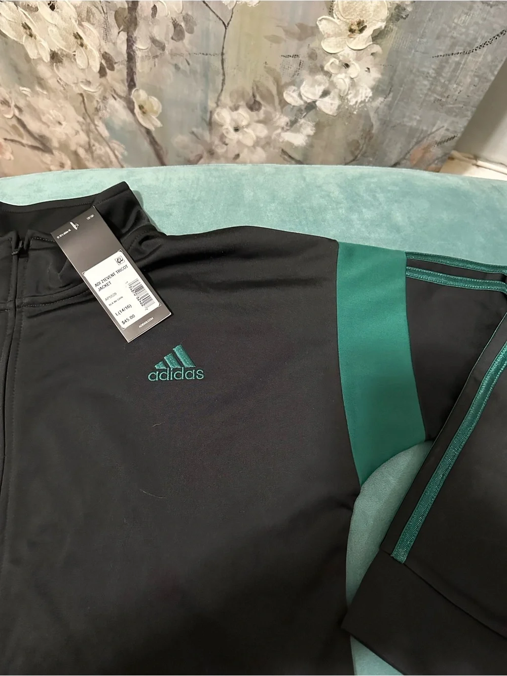 adidas Black and Green Full-Zip Track Suit Jacket and pants